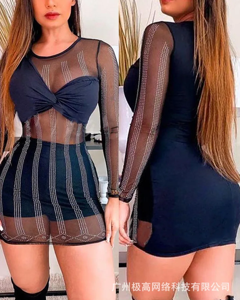

Women's Black Mini Dress, Slim Fit, High Waist Dress, 2021 New Hot Diamond Mesh Dress
