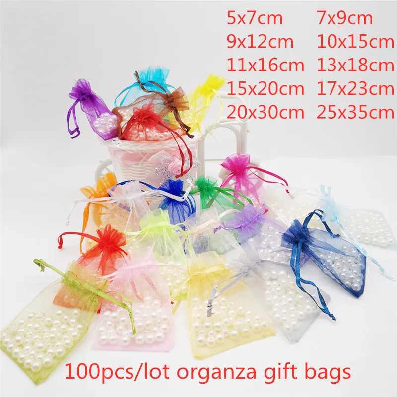 

100pcs 5x7 7x9 9x12 10x15 13x18cm Small Gift Bag Organza Gift Packaging Wedding Party Candy Bags Pouches Gift Bags With Handles