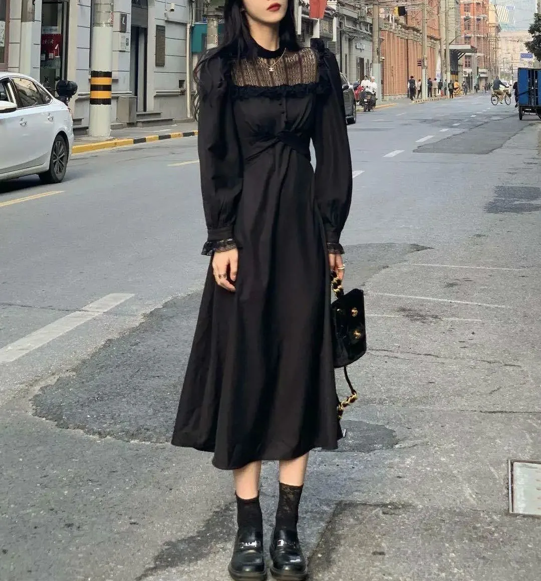 Gothic Black Y2k Dress Women 2021 Autumn Casual Lace Long Sleeve One Piece Dress Korean Evening Party Elegant Midi Dress Female