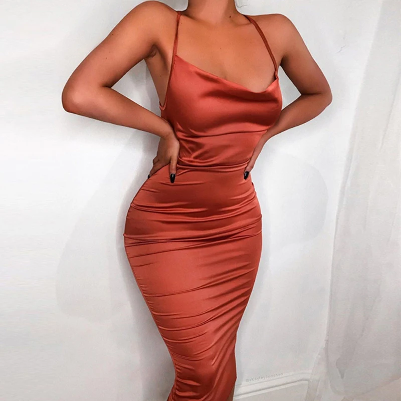

Woman Party Night Sexy Backless Lace Up Slim Fit Bodycon Dress Midi Women Satin Long Dress Traf Y2K Summer Green Elegant Dresses