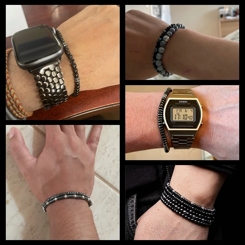 Браслет на тонком каркасе с черными гематитовыми бусинами, окрашенным в серебряный цвет в минималистичном стиле, диаметром 4 мм для мужчин в качестве подарка на дружбу.