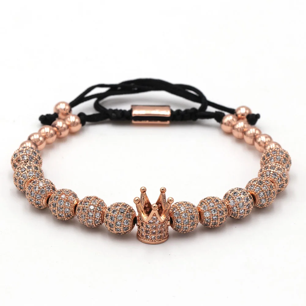 8MM CZ ball rosegold Мода роскошный Римский Королевский браслет с шармом с короной для мужчин Золотой Плетеный Регулируемый мужской браслет для хип хоп ювелирный подарок - Metal Color: 8MM CZ ball rosegold