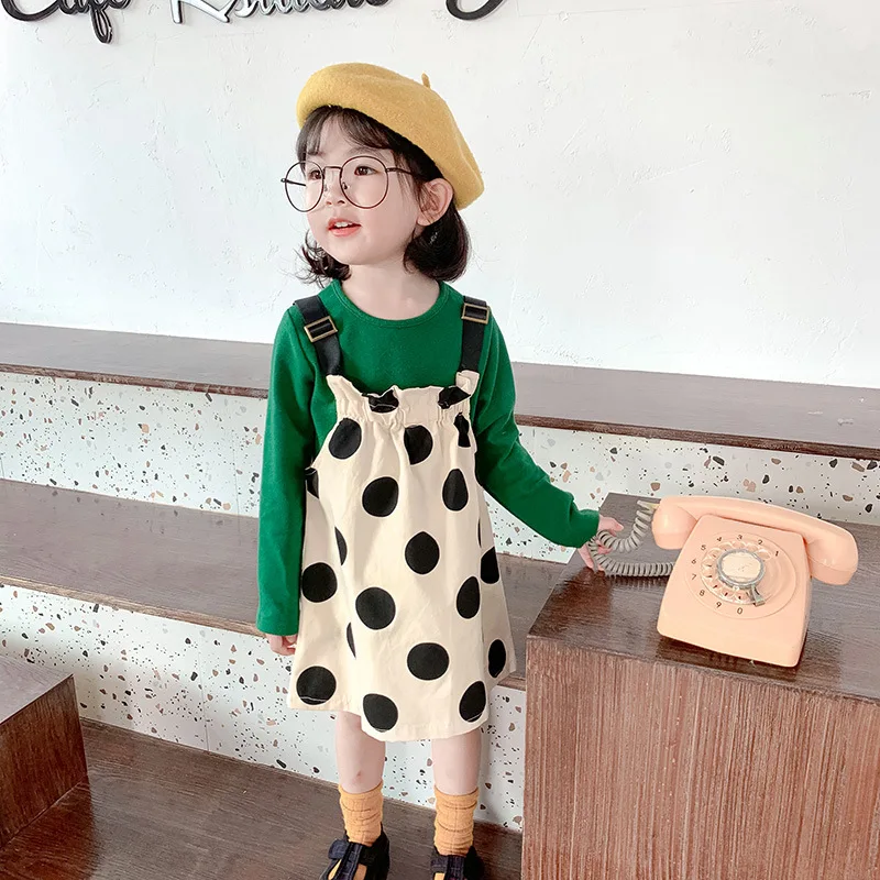 

Baby Girl Clothes Long-sleeved Round Neck Bottoming Shirt and Polka Dot Suspender Skirt 2-piece Set 2-6 Years