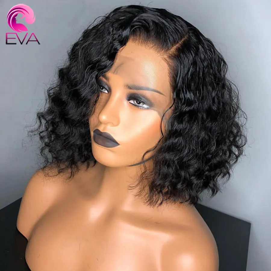Короткие волосы Eva Bob Glueless 13x6, парики с кружевом спереди, предварительно сорванные с волосами младенца, бразильские волосы Remy, кудрявые человеческие волосы, парики для черных женщин