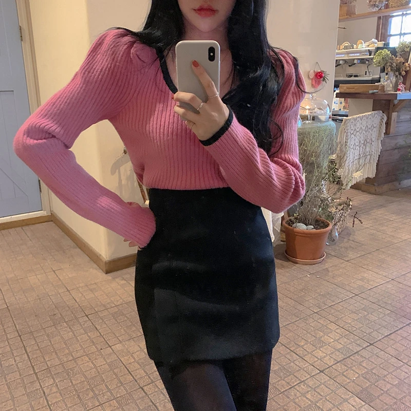 RICININA Knitted Sweater Women Jumper 2020 Long Puff Sleeve U Neck Solid Elegant Casual Wool Pullover Woman Spring | Женская одежда