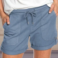 casual women shorts mid rise solid color women drawstring pockets short pants summer loose home fashion streetwear ladies pant