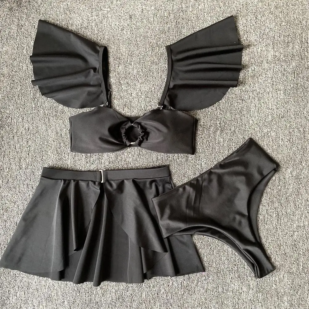 Женское бикини пуш-ап с юбкой 3 шт. Черное женское оборками сексуальный комплект