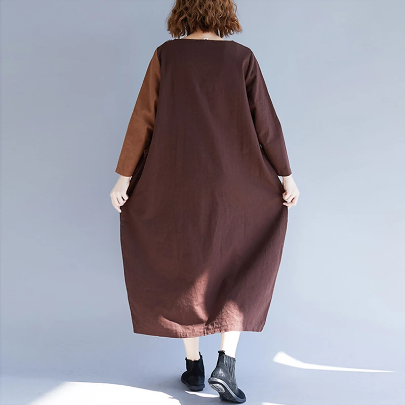 Женское платье в винтажном стиле EaseHut хлопковое льняное с круглым вырезом и