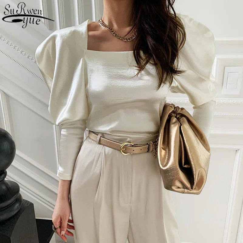 

Korean Elegant Square Collar Slim Wild Bubble Long Sleeve Glossy Velvet Bottom Shirt Women White Silky Top Female 12908