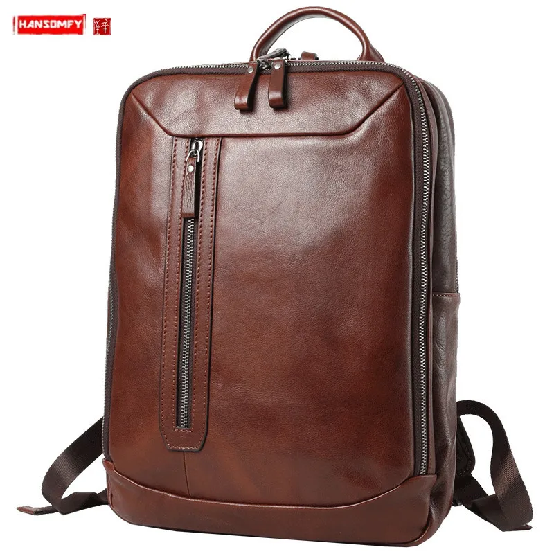 

HANSOMFY Cowhide Leather Men Backpack Men's Casual Large Capacity Travel Backpacks Laptop Bag Fashion Simple Portable Schoolbag