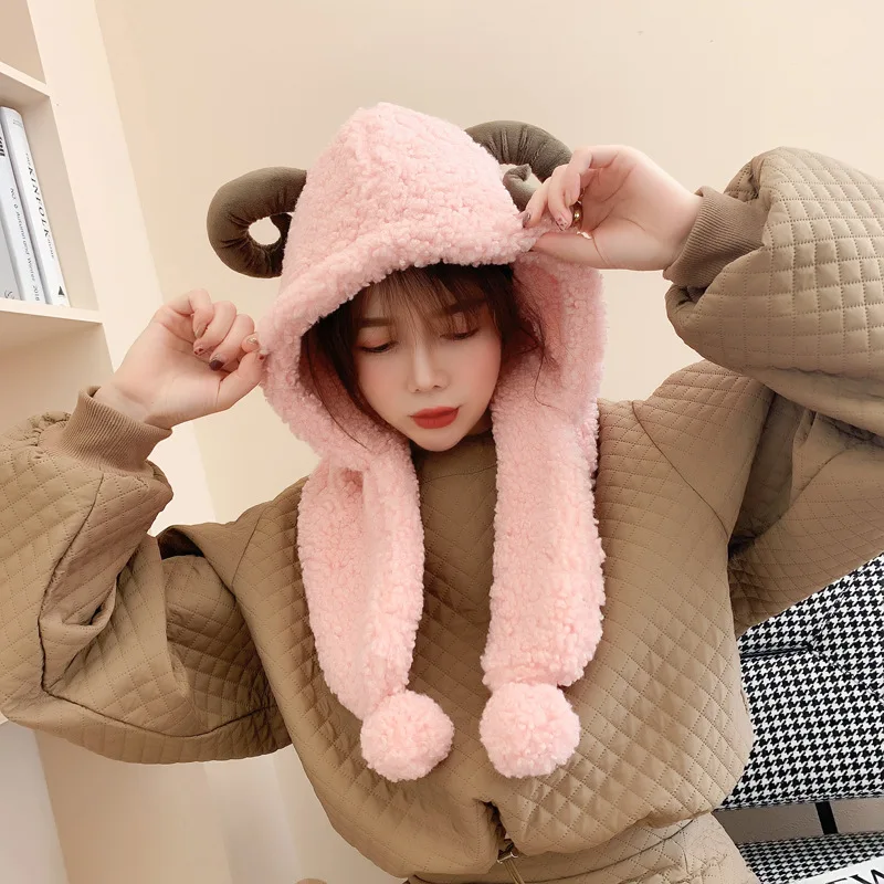 Kasure женская зимняя теплая плюшевая цельная шапка шарф с овечьими ушками меховая
