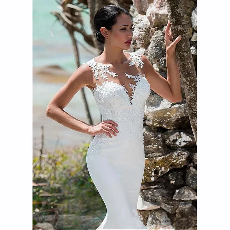 

LORIE Elegant Lace Appliques with Sequined Wedding Dresses Mermaid Sleeveless Open Back Bridal Gowns Princess Wedding Gowns