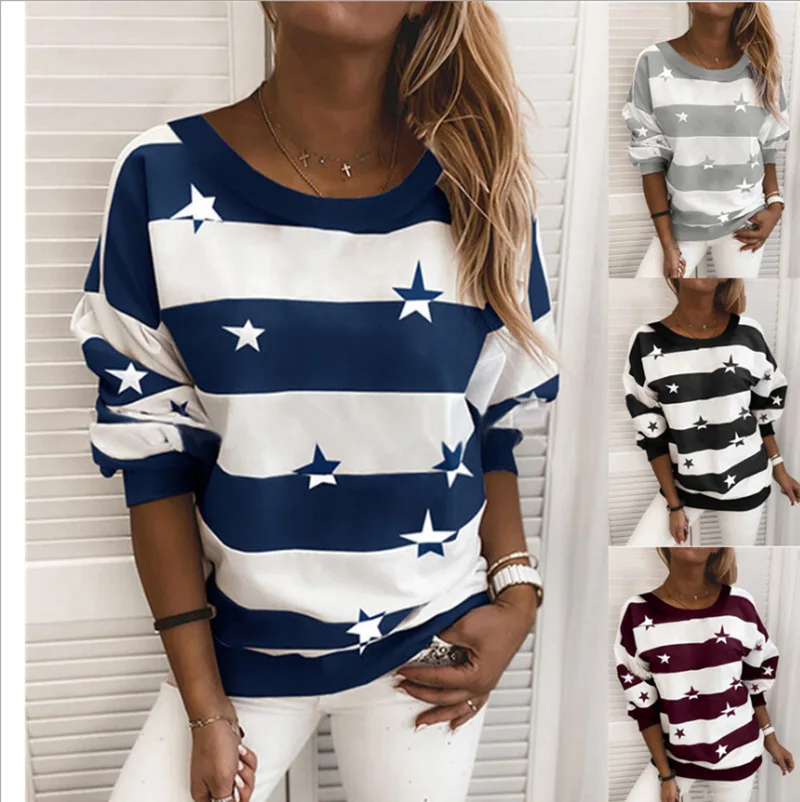

2021 hot style round neck thick stripes printed long-sleeved top loose sweater women