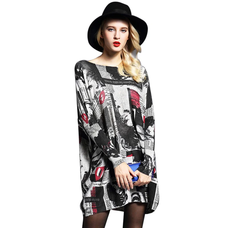 

Autumn Women's Ugly Sweater Casual Pullover Long Sleeve Top Mouth Printing Knitted Loose Medium Length Basic Ladies Sweater