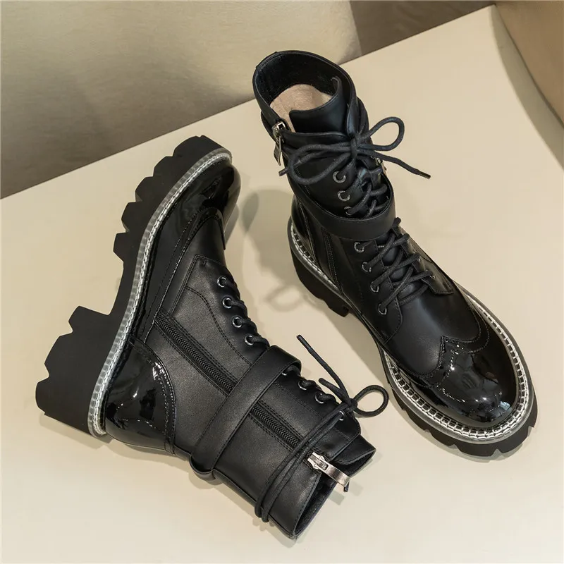 

New Fashion Matin Boots British Style Retro Thick Bottom Lace-Up Locomotive Women Boots Single Velvet Belt Buckle Ladies Boots