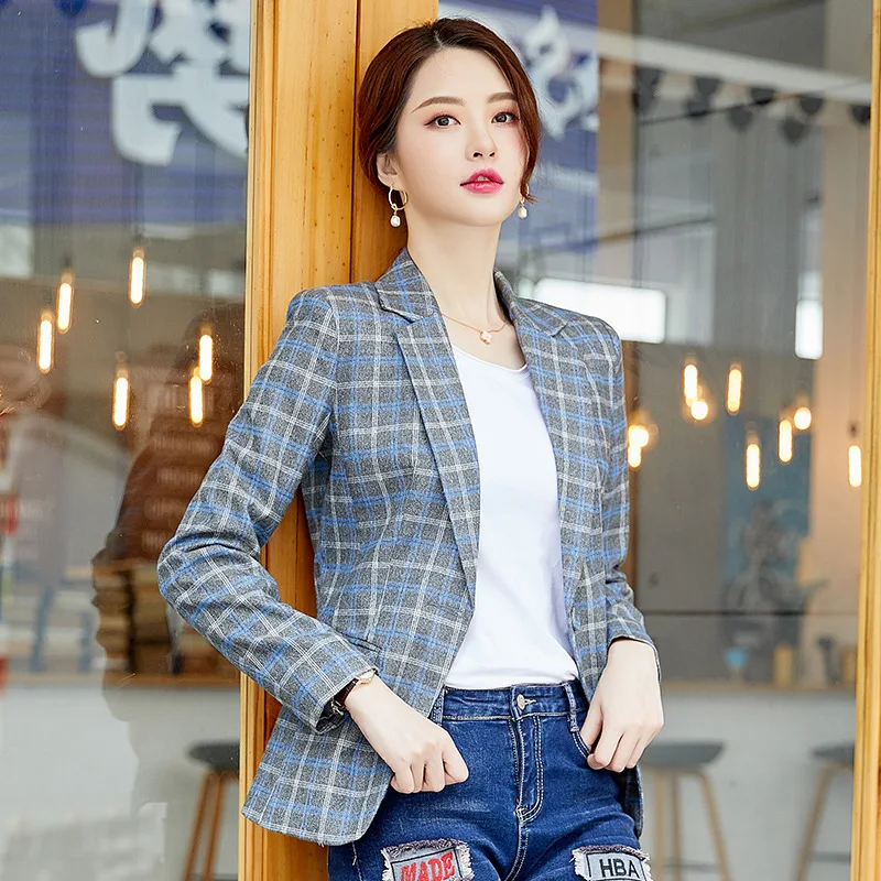 Женский клетчатый блейзер с длинным рукавом и двумя карманами|Женские пиджаки| |