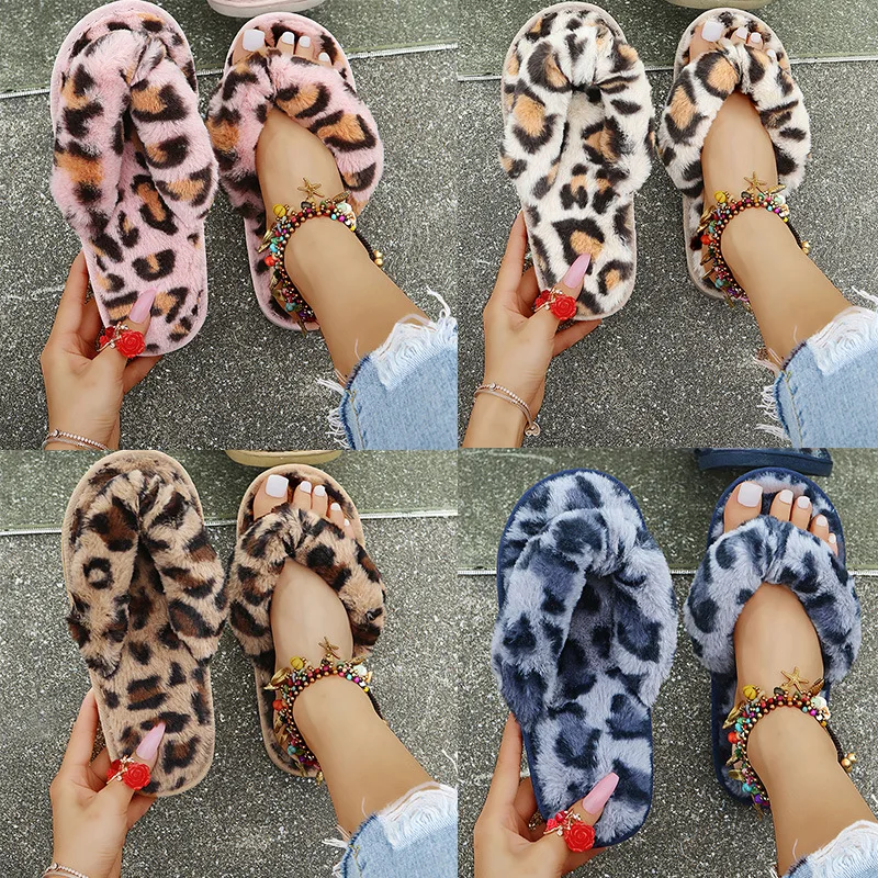 

Warm Furry Slippers Women Cozy Faux Fur Indoor Home Slides Leopard Soft Fluffy Shoes Ladies Celebrities Flip Flops Female Shoes