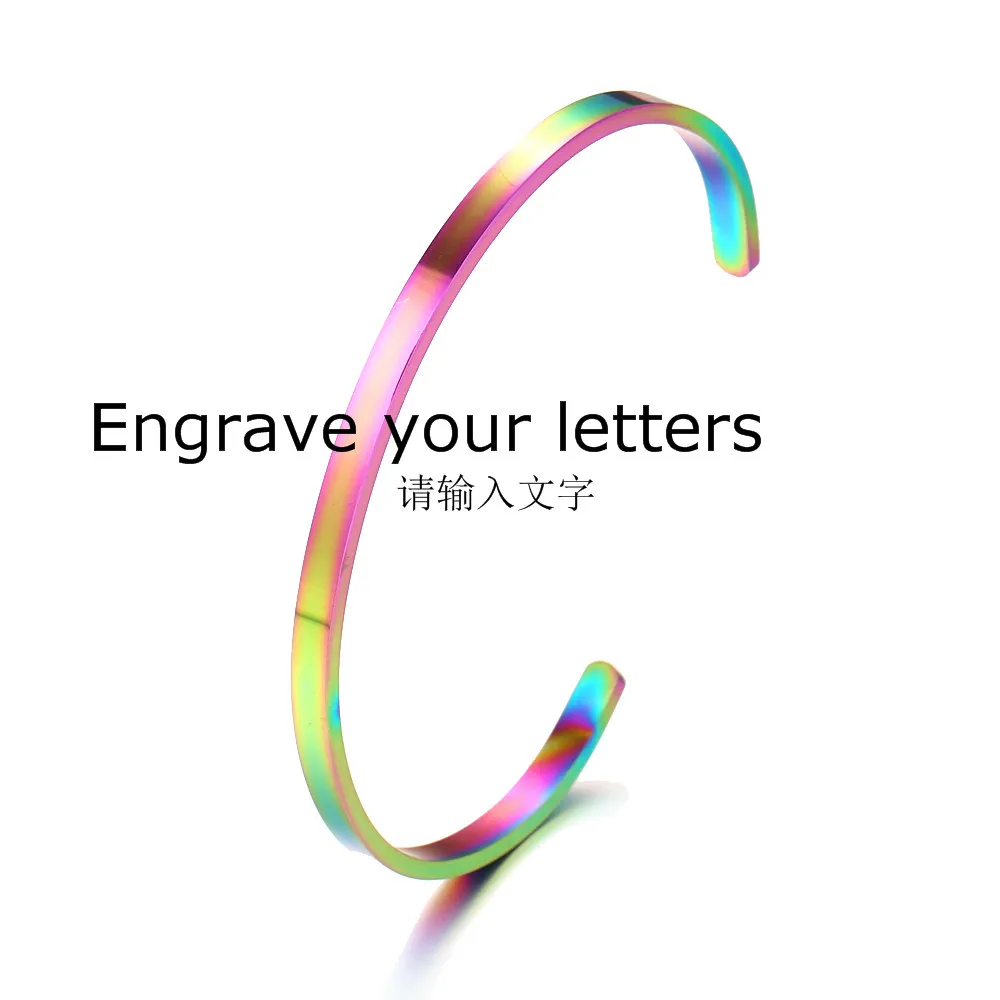 Custom text Rainbow Радужные браслеты из розового золота с лазерной гравировкой, вдохновляющие цитаты, браслеты-манжеты, браслеты мантра, подарки на годовщину для женщин - Окраска металла: Custom text Rainbow