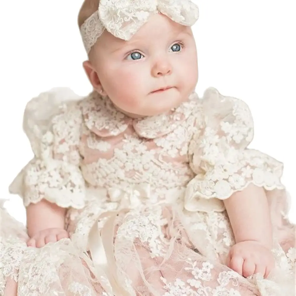 

New Baby Girls Christening Gown Baptism Dress Infant Toddler Clothes Lace Applique Blush Heirloom Gown set with Headpiece