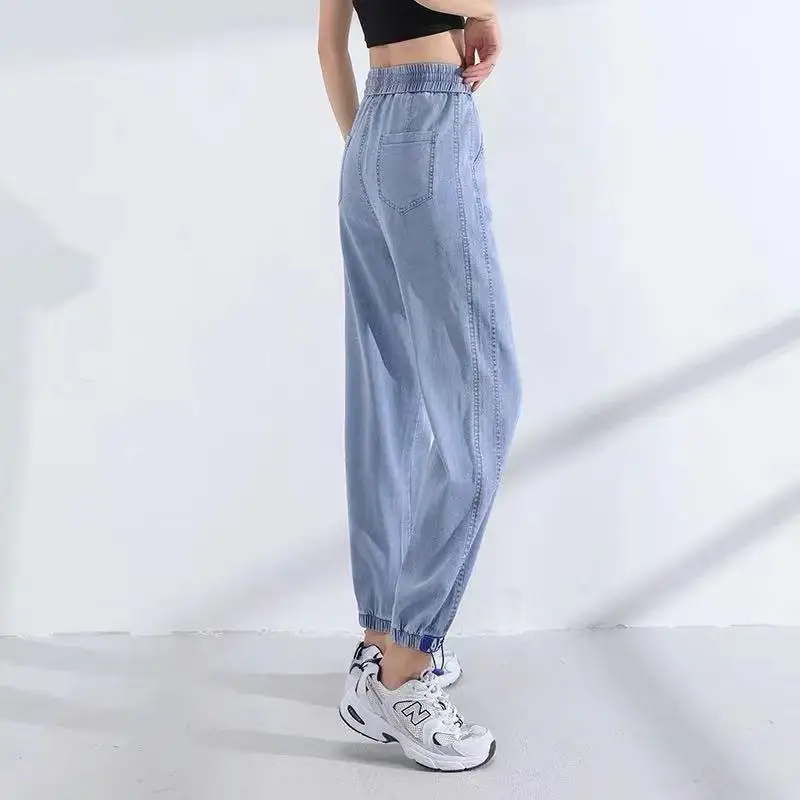 

Tencel Jeans Female Summer Thin Section Nine-Point Straight High Waist Loose 2021 New Harlan Ice Silk Daddy Pants