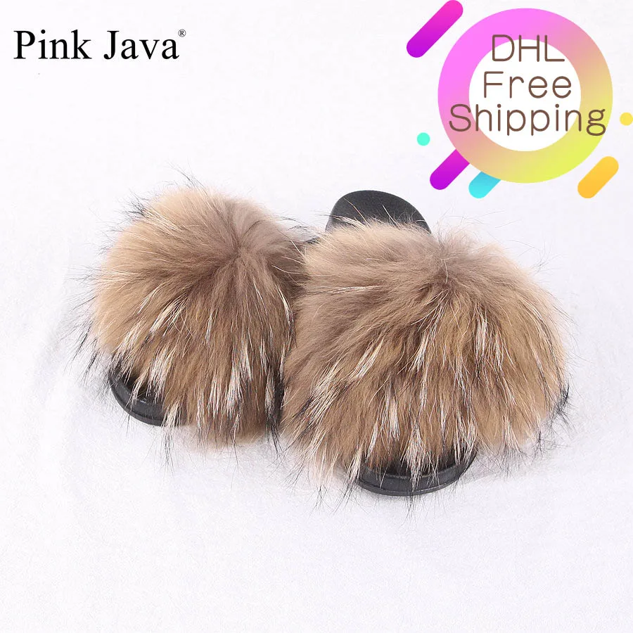 Женские шлепанцы с натуральным мехом енота розовые сандалии на плоской подошве