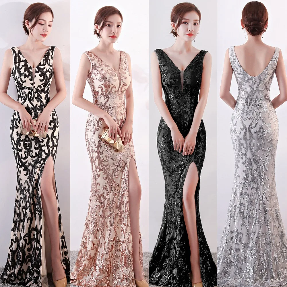 Сексуальное длинное вечернее платье макси с v образным вырезом и блестками