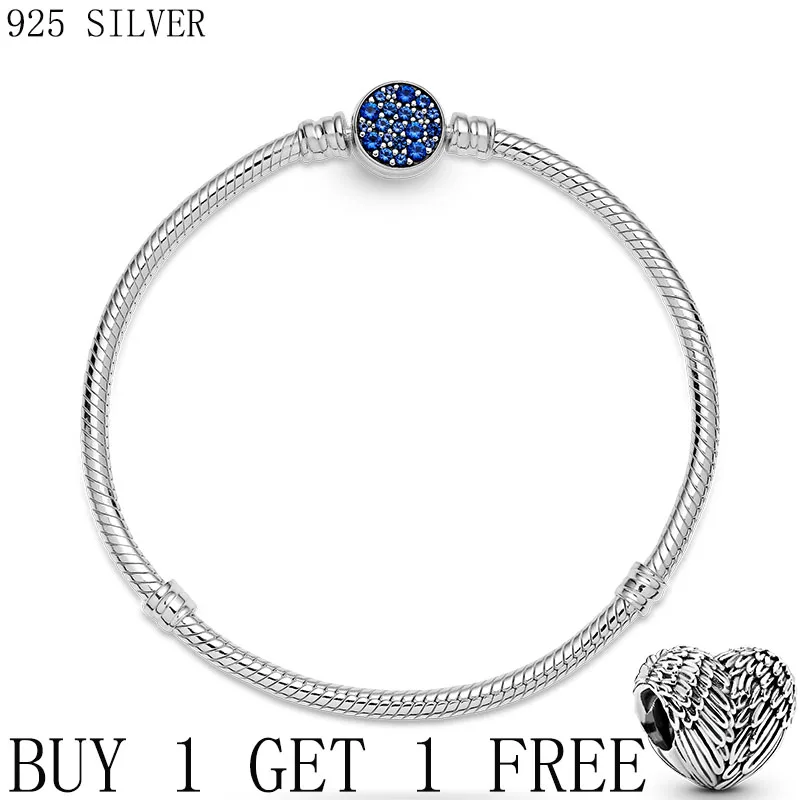

2021 Pulseira 925 Sterling Silver Bracelet Femme Moments Sparkling Blue Disc Clasp Snake Chain Bracelets Bangles Women Jewelry