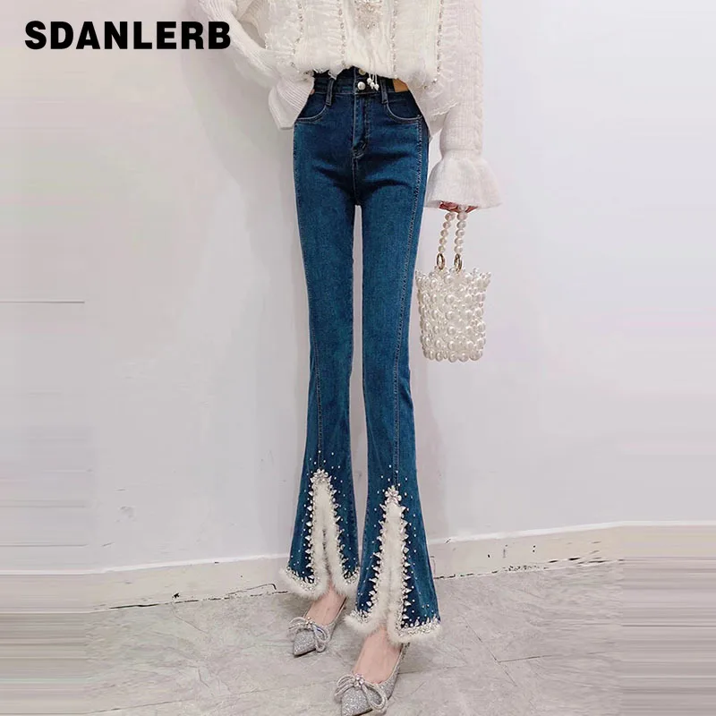 

2021 Winter Sweet Denim Pants Exquisite Rhinestone Slit Stitching Mink Fur High Waist Fleece Trousers Slightly Flared Jeans