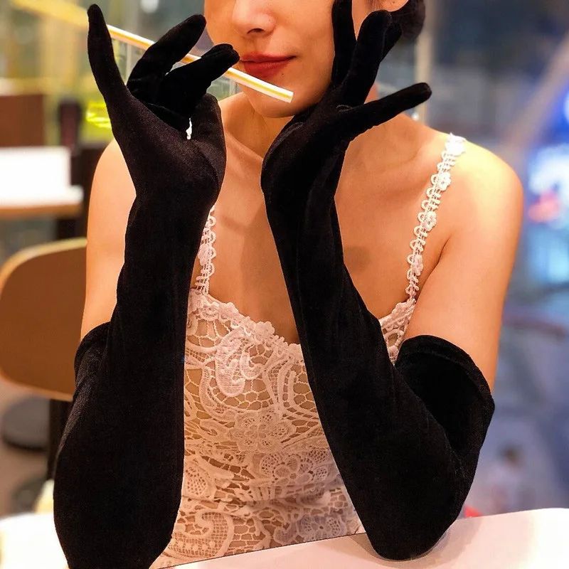 

Золотые бархатные длинные перчатки, осенне-зимнее платье для ужина, женские перчатки, черные бархатные эластичные теплые перчатки для рожд...