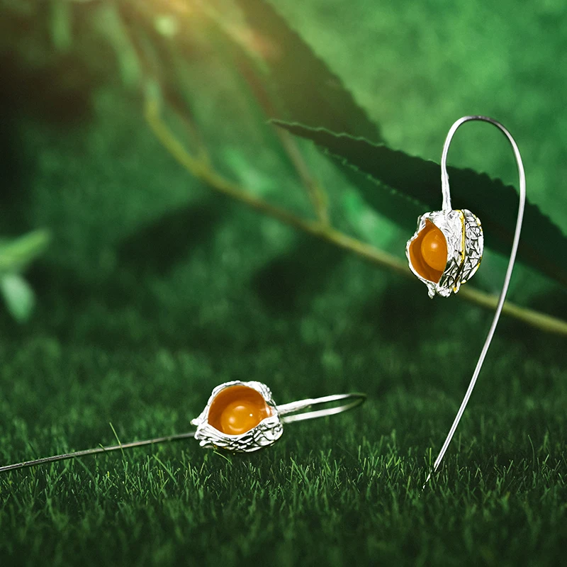 Lotus Fun, настоящее 925 пробы, серебряные серьги, натуральный камень, хорошее ювелирное изделие, дизайн Physalis, фрукты, висячие серьги для женщин, Brincos
