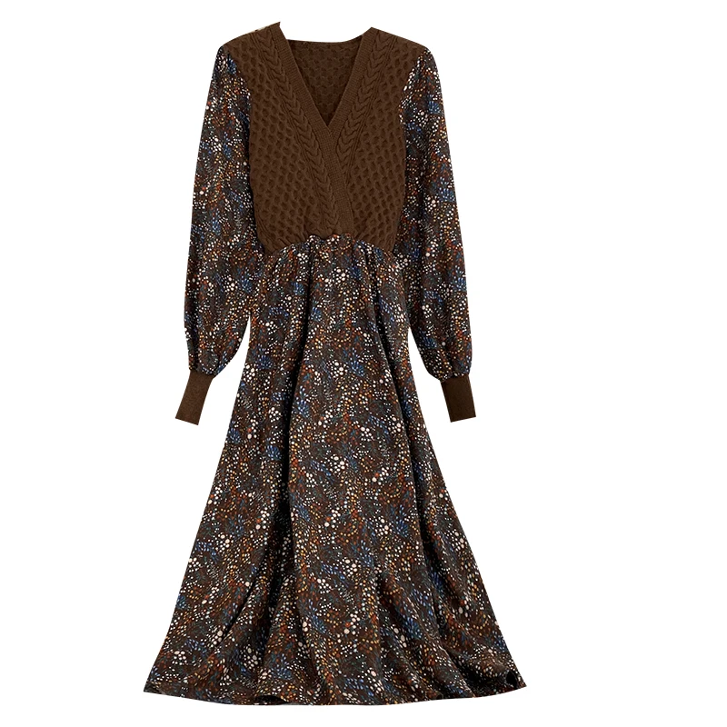 

Женское трикотажное платье, с цветочным принтом, в стиле пэчворк