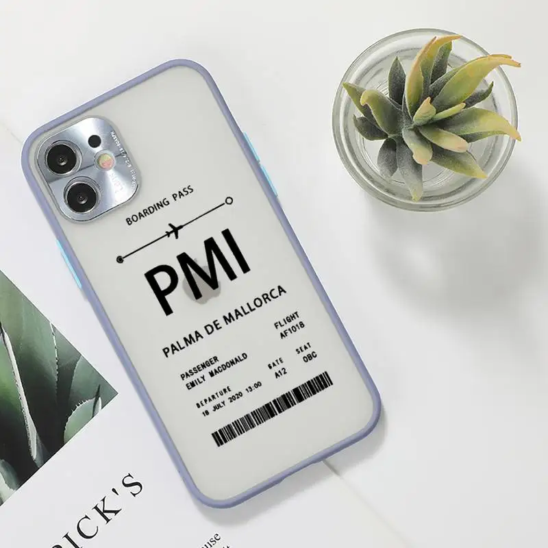 

Personalised Plane Ticket Phone Case For iPhone 12 11 Mini Pro XR XS Max 7 8 Plus X Matte transparent Gray Back Cover