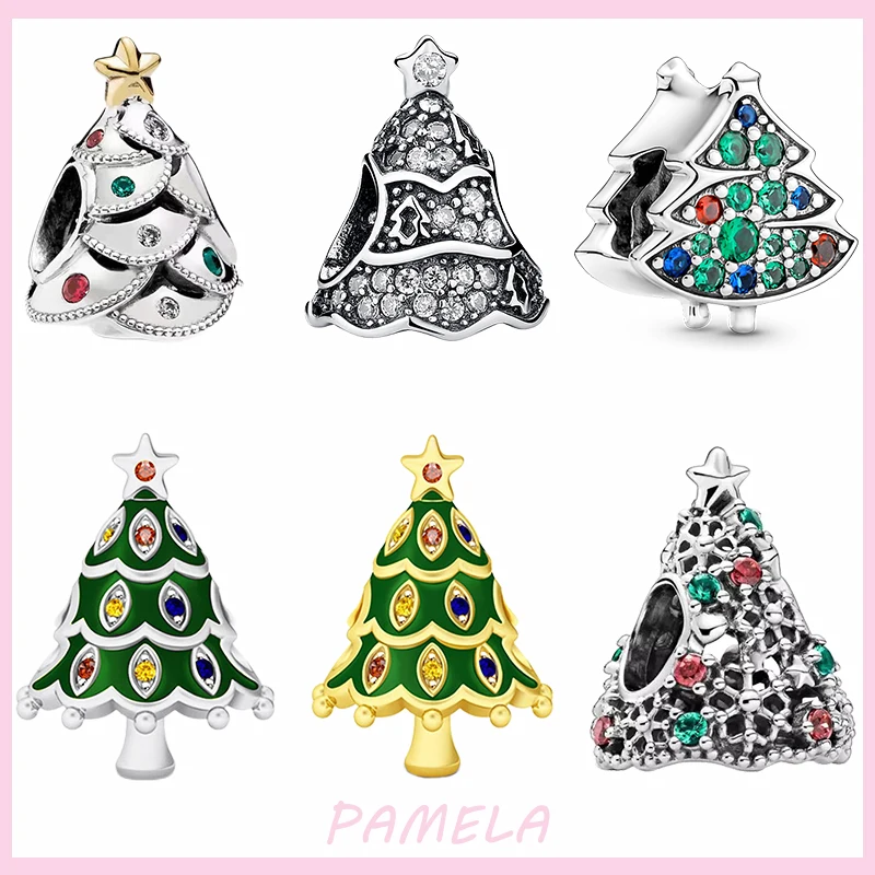 

PAMELA 925 Sterling Silver Colorful Christmas Tree Charms Gift Zircon Beads DIY For Original Pendant Bracelet Jewelry For Women