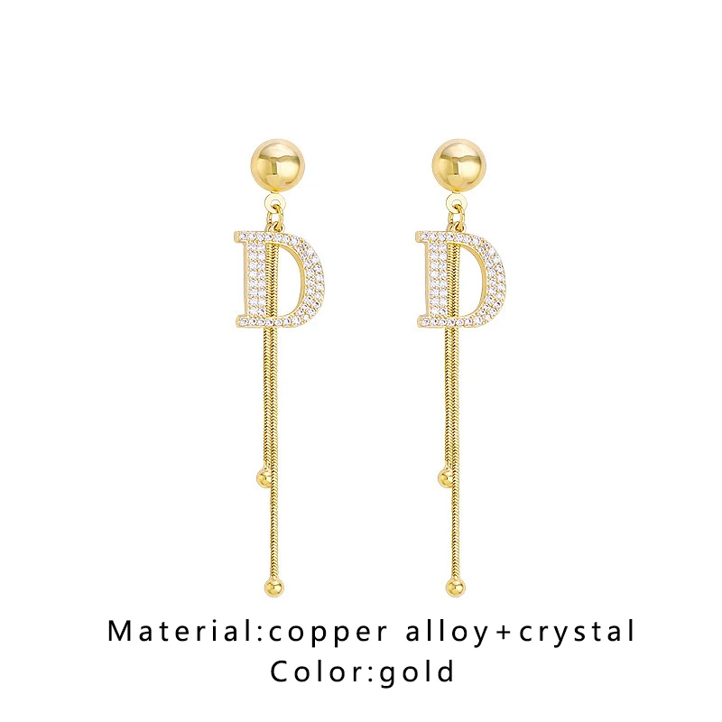 

Bacolod "D" Letter Shiny Crystal Drop Earrings for Female Trendy Wedding Birthday Jewelry Gold Color Tassel Dangle Women Earring
