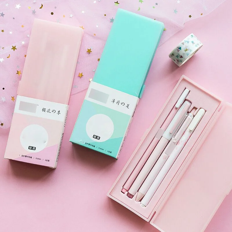 

Macaroon Color Pink Mint Sakura Gel Pen Set With Pencil Box The Office Pens 0.5mm Black Ink Cute School Girls Gift Stationery