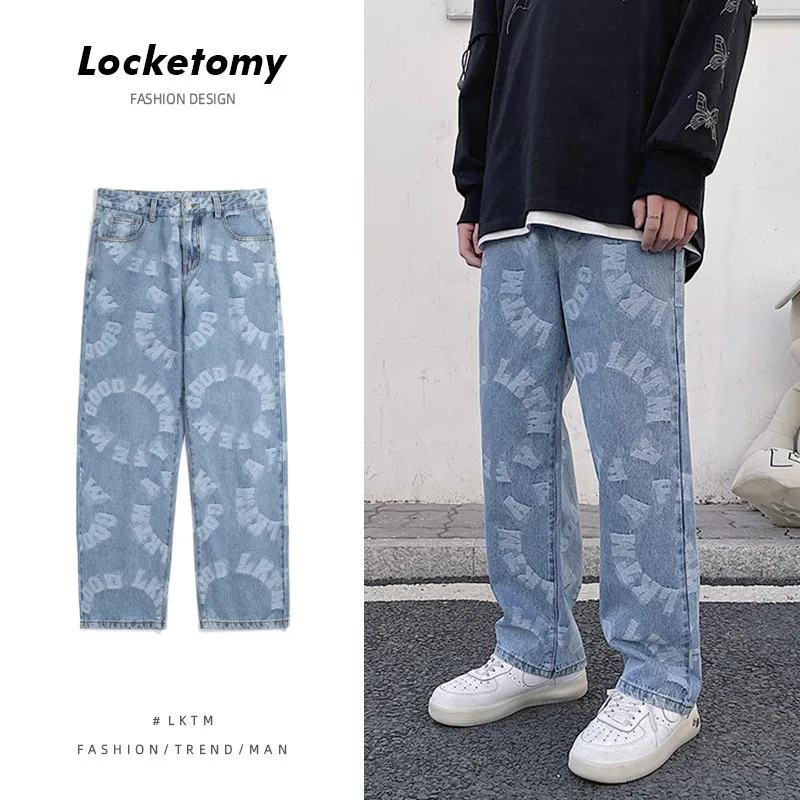 

Men's Jeans Loose Straight Leg Casual Pants Jacquard Wide-leg Pants Fashionable High Street Streetwear Men's Wear штаны мужские