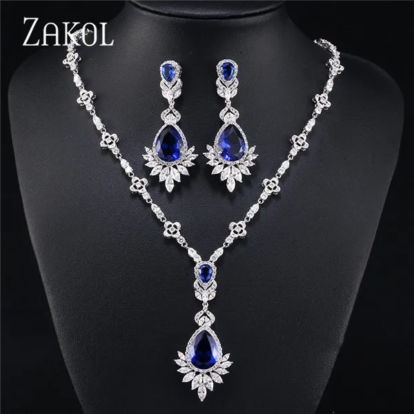 Blue Set ZAKOL высокое качество большая капля синий кубический цирконий лист серьги ожерелье набор украшений для женщин свадебное вечернее платье FSSP2014 - Окраска металла: Blue Set