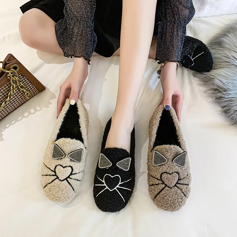 

Women Loafers Fur Casual Female Sneakers Korean Shoes Autumn Round Toe Flats Slip-on 2021 Moccasin Fall Dress Slip On New Lace-U