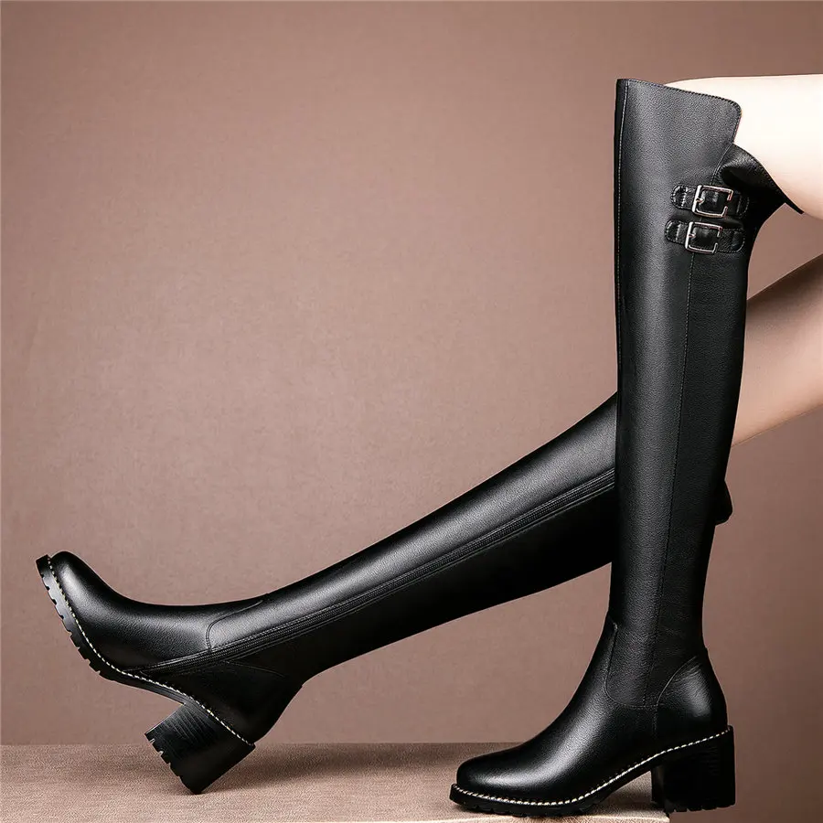 

Winter Thigh High Pumps Shoes Women Genuine Leather Cuban High Heels Over The Knee High Boots Female Round Toe Platform Booties
