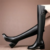 winter thigh high pumps shoes women genuine leather cuban high heels over the knee high boots female round toe platform booties