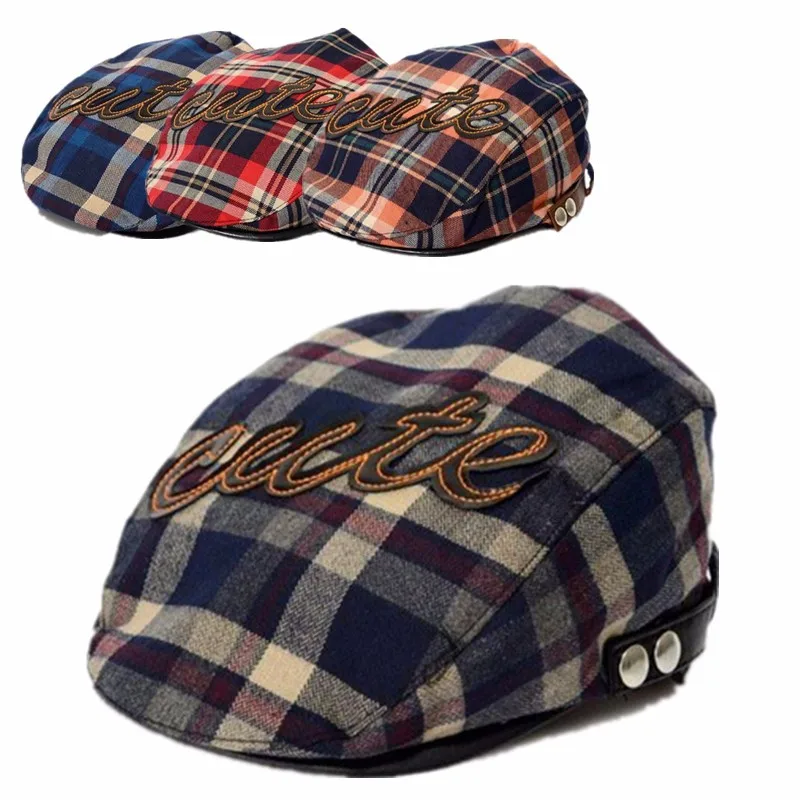

4 Colors Summer Cute Toddler Snapback Boy Sun Cap Letter Plaid Style Beret Hat Cute Printed Cap