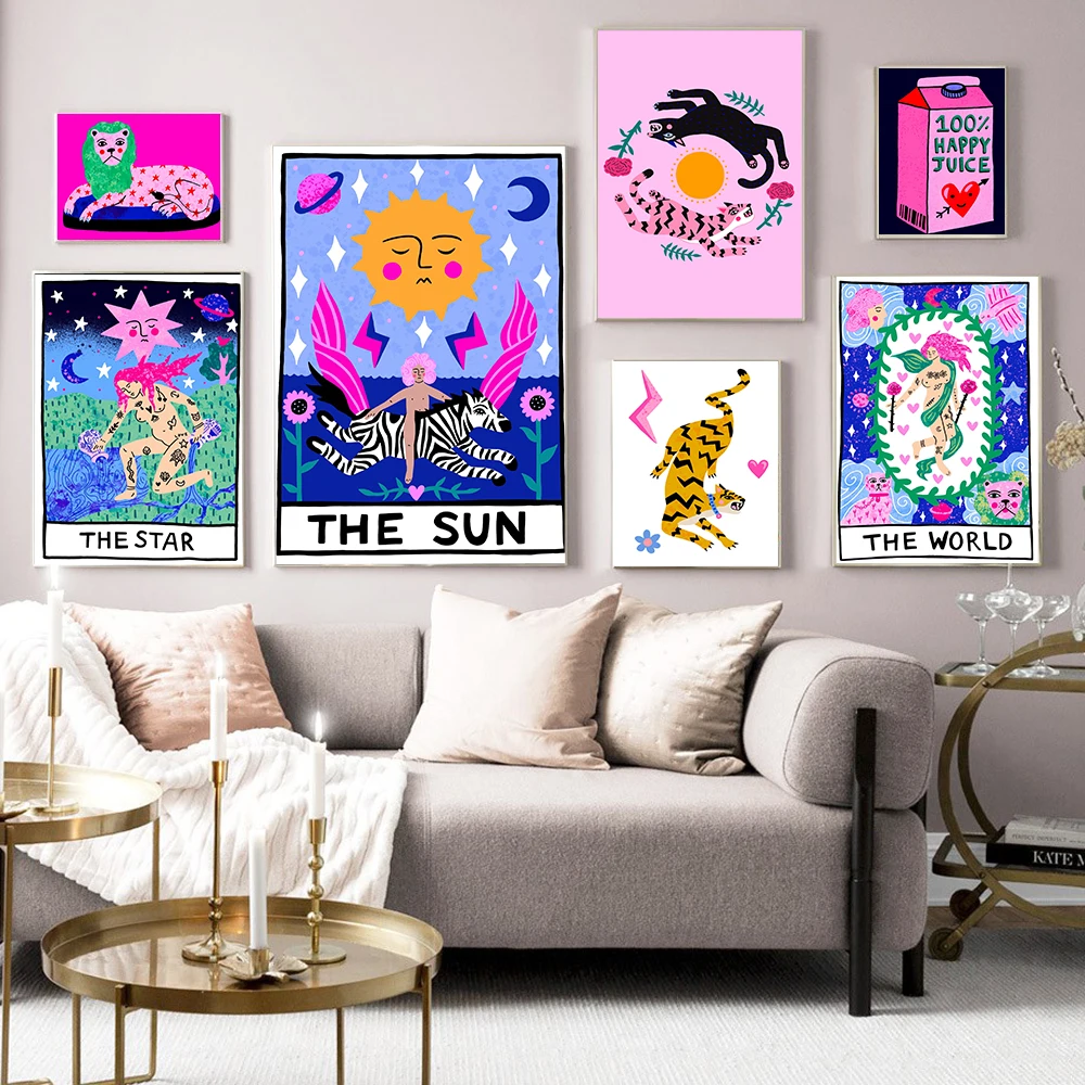 

Sun Star World Tarot Color Poster Tarot Card Tiger Canvas Printmaking Wall Art Decoration Painting Fortune Teller Gift Picture