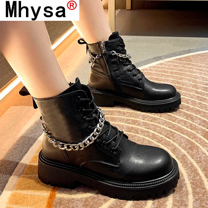 

Женские ботильоны на молнии с круглым носком, Новинка осени 2021, Модные женские повседневные мотоциклетные ботинки мартинсы на платформе с м...