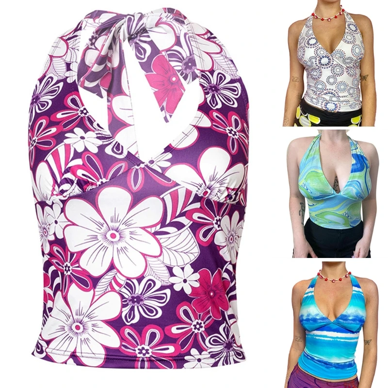 

E15E Women Sexy Halter Bandage Boho Floral Tank Top Deep V-Neck Backless Slim Vest