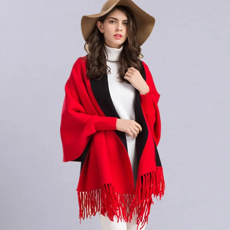 Женское длинное кашемировое пончо с кисточками Повседневная модная вязаная
