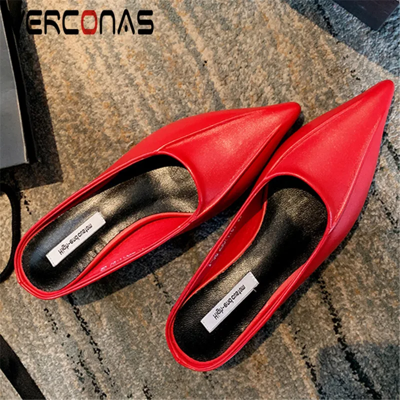 

VERCONAS 2021 Sexy Mules Woman Sandals Woman Pumps High Quality Summer Genuine Leather Pointed Toe Thin High Heels Shoes Woman