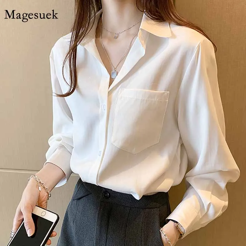 

Plus Size New Korean Button Up Elegant Shirt Women Cardigan Long Sleeve White Blouse Women 2020 Loose Top Femme Blusas 11895
