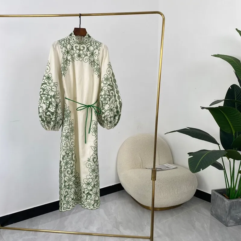 

Женское ажурное платье с цветочной вышивкой, зеленое ажурное платье до середины икры с длинным рукавом и поясом на лето