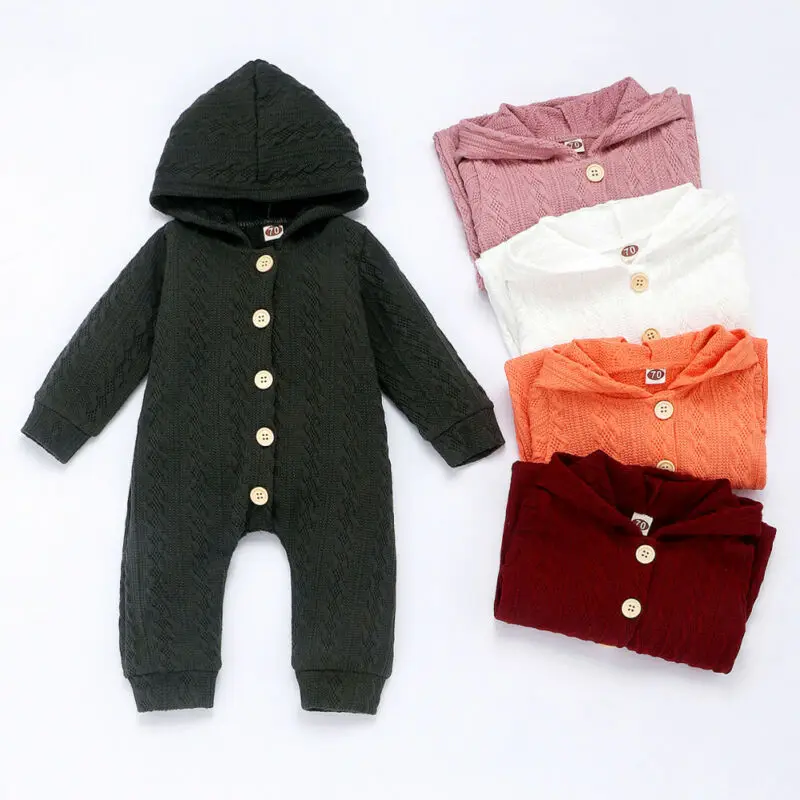 

2020 Warm Newborn Baby Girls Boys Thick Rompers Knit Solid Long Sleeve Hooded Single Breasted Jumpsuits 0-24M
