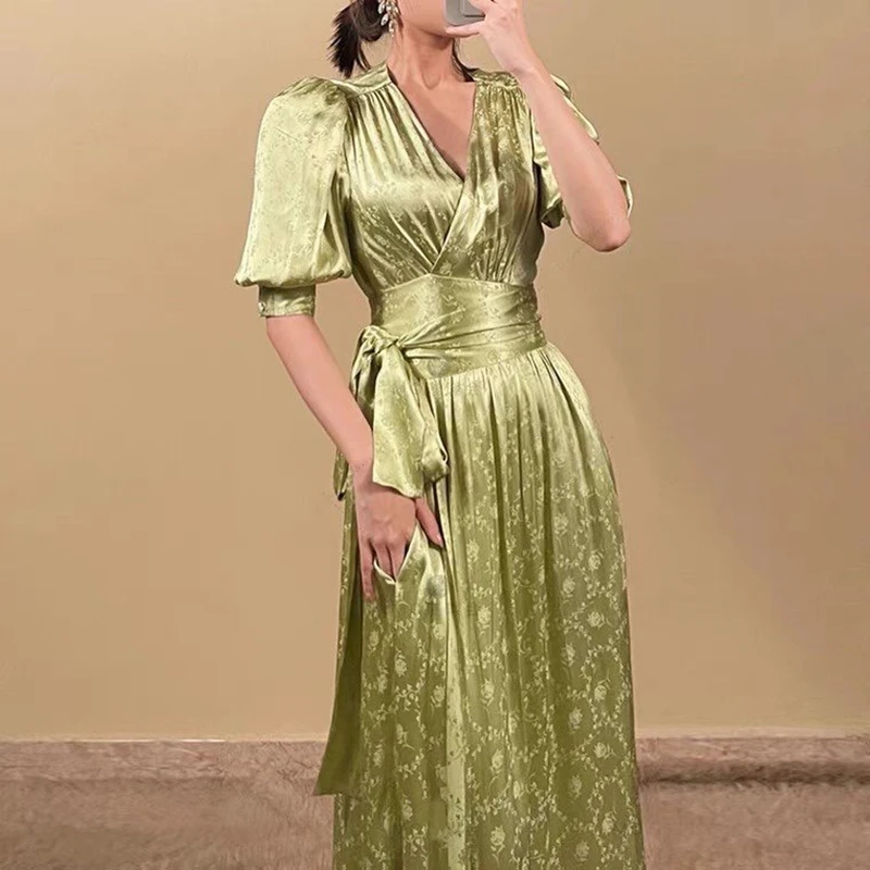

VGH Elegant Orange Dress For Women V Neck Puff Half Sleeve High Waist Lace Up Side Split Slim Maxi Dresses Female Summer Fashion